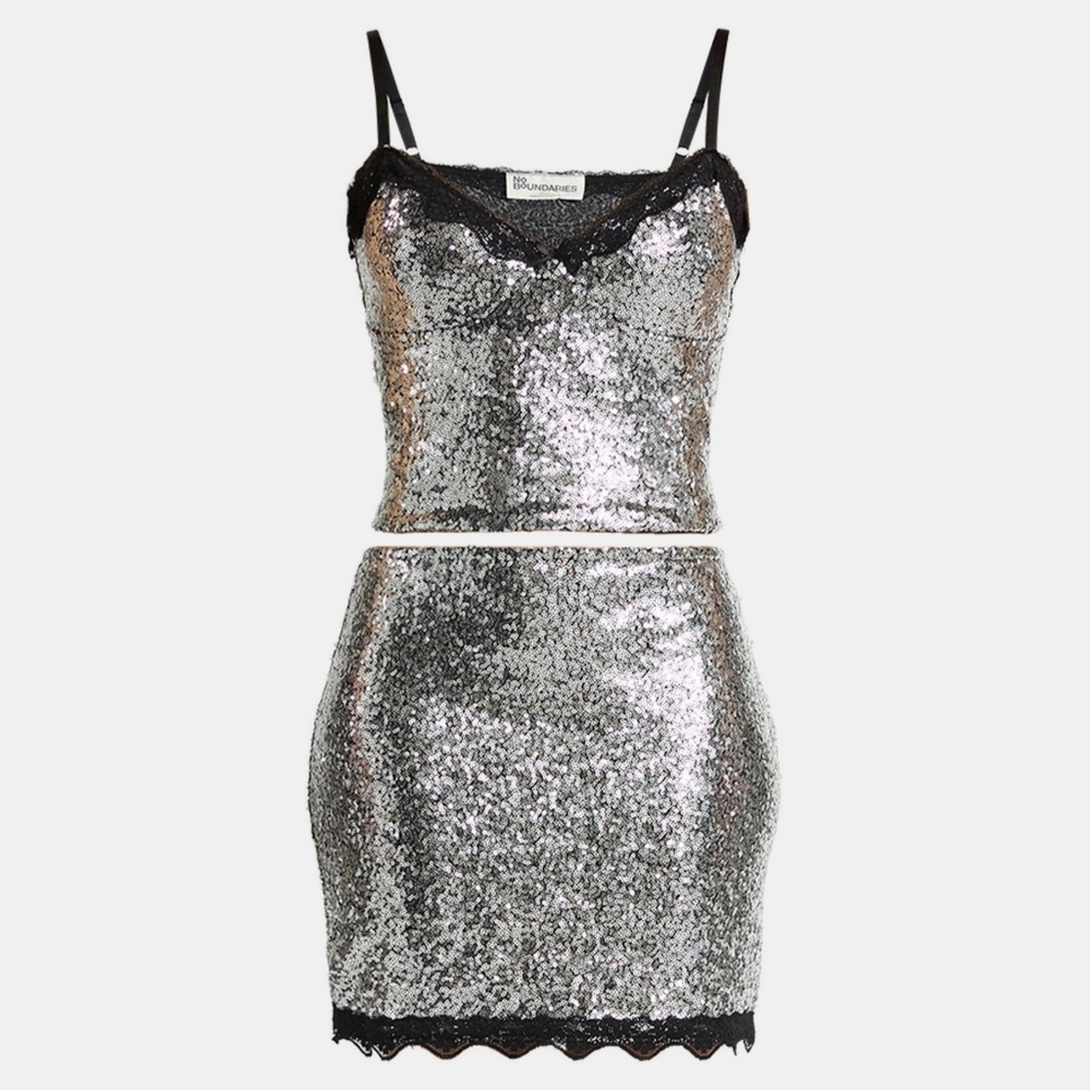 NEW No Boundaries Silver Sequin Mesh Tank Top and Lace Mini Skirt 2 Piece Set